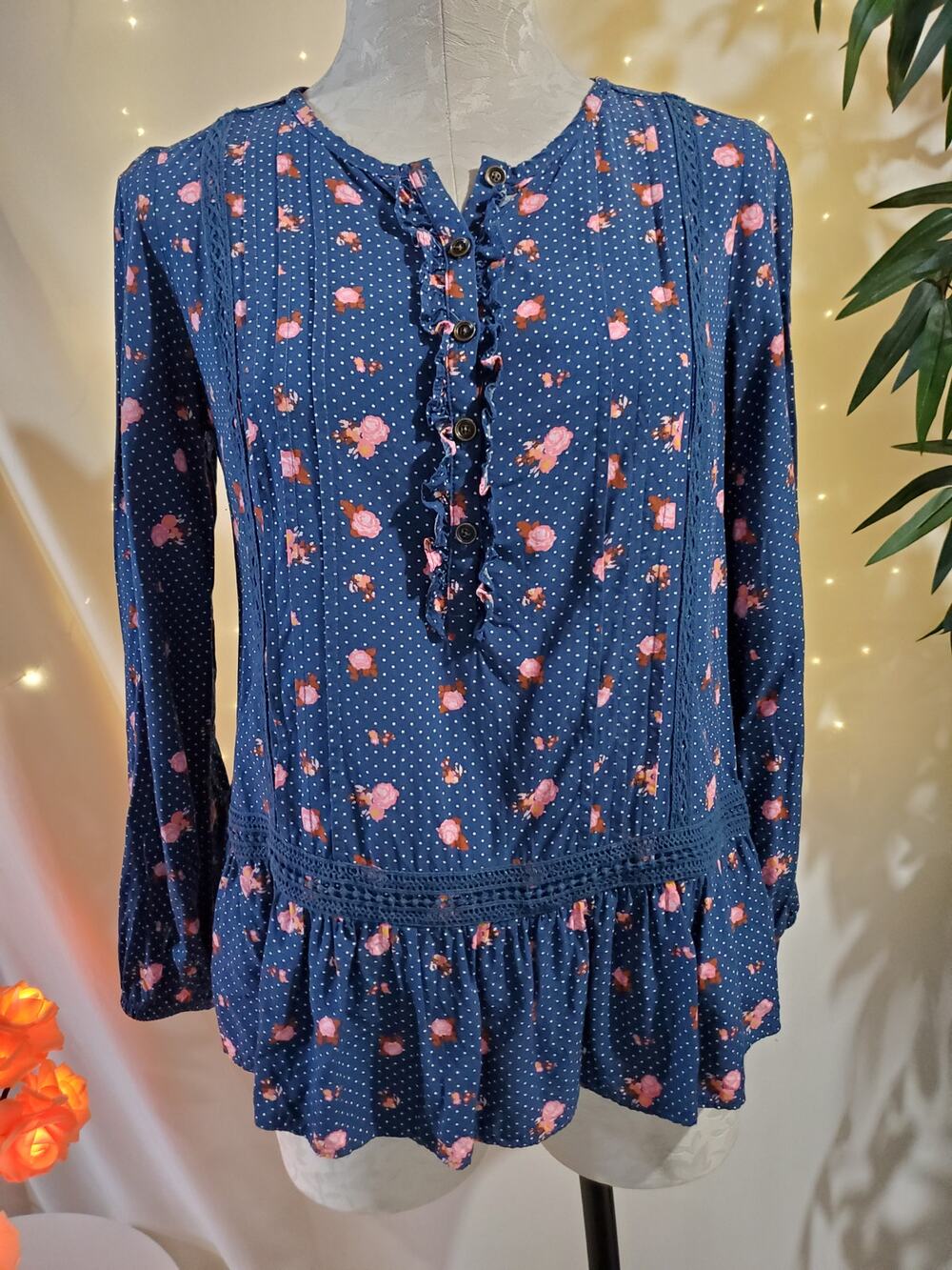 Matilda Jane Dream a Little Dream Floral Polka Dot Ruffle Boho Top Women's XS